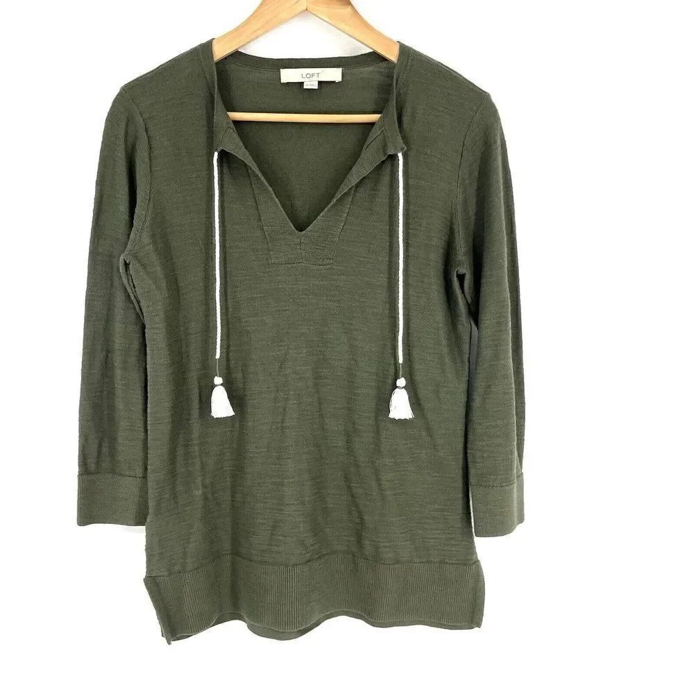 LOFT Sweater Size XS Womens Green Tasseled Tie V Neck Tunic Knit Cotton Boho